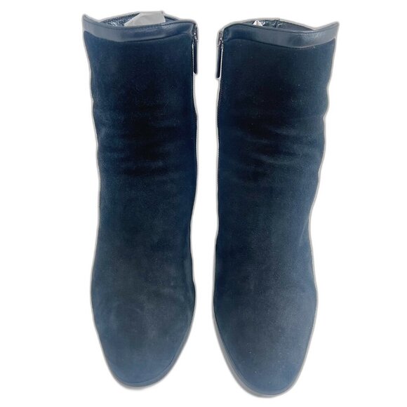 Aquatalia Italian Black Suede Heeled Booties Leather Piping Ankle Boots Size 9 - Picture 4 of 12